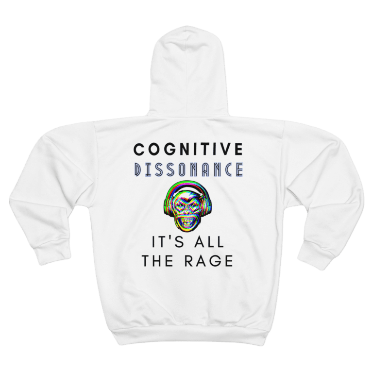 Back side of Cognitive Dissonance white hooded jacket.