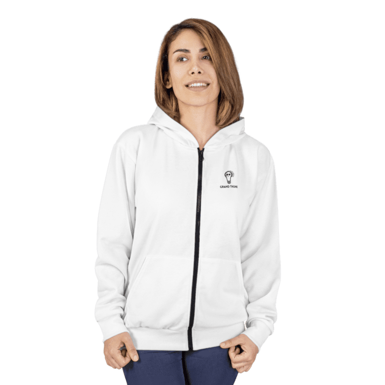 Woman wearing Cognitive Dissonance white hooded jacket.
