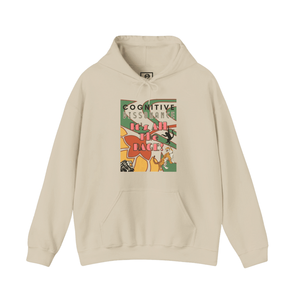 Deco Jungle hoodie, sand color, front view.