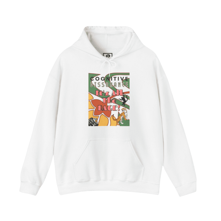 Deco Jungle hoodie, white color, front view.
