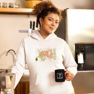 Woman wearing the Grand Thunk LSD Bee pullover hoodie.