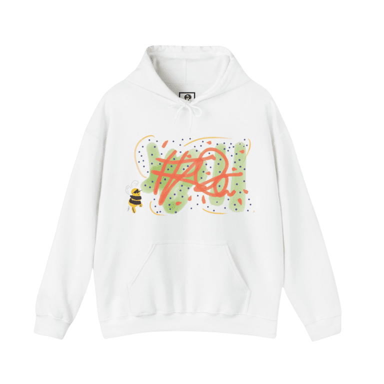 LSD Bee pullover hoodie, white color, front view