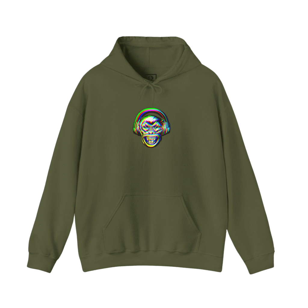 Monkeyhead pullover hoodie, military green color, front view