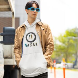 Man wearing the Oil Spill hoodie.