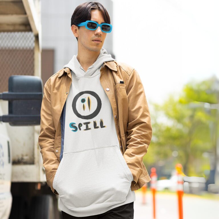 Man wearing the Oil Spill hoodie.