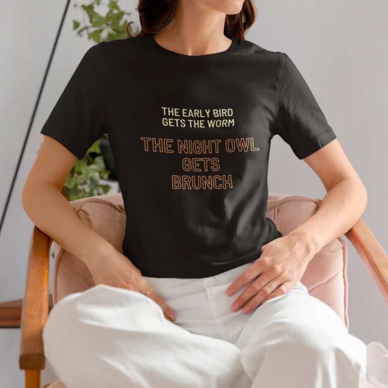 Night Owl Brunch t-shirt worn by a woman.