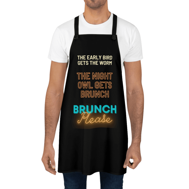 Brunch Please apron worn by a man.