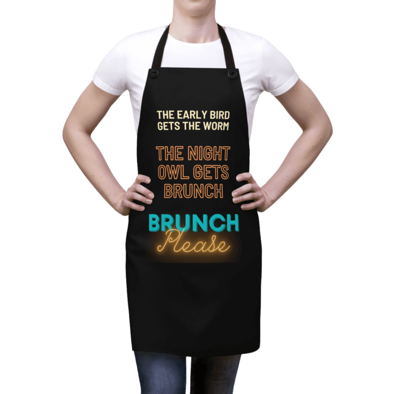 Brunch Please apron worn by a woman.