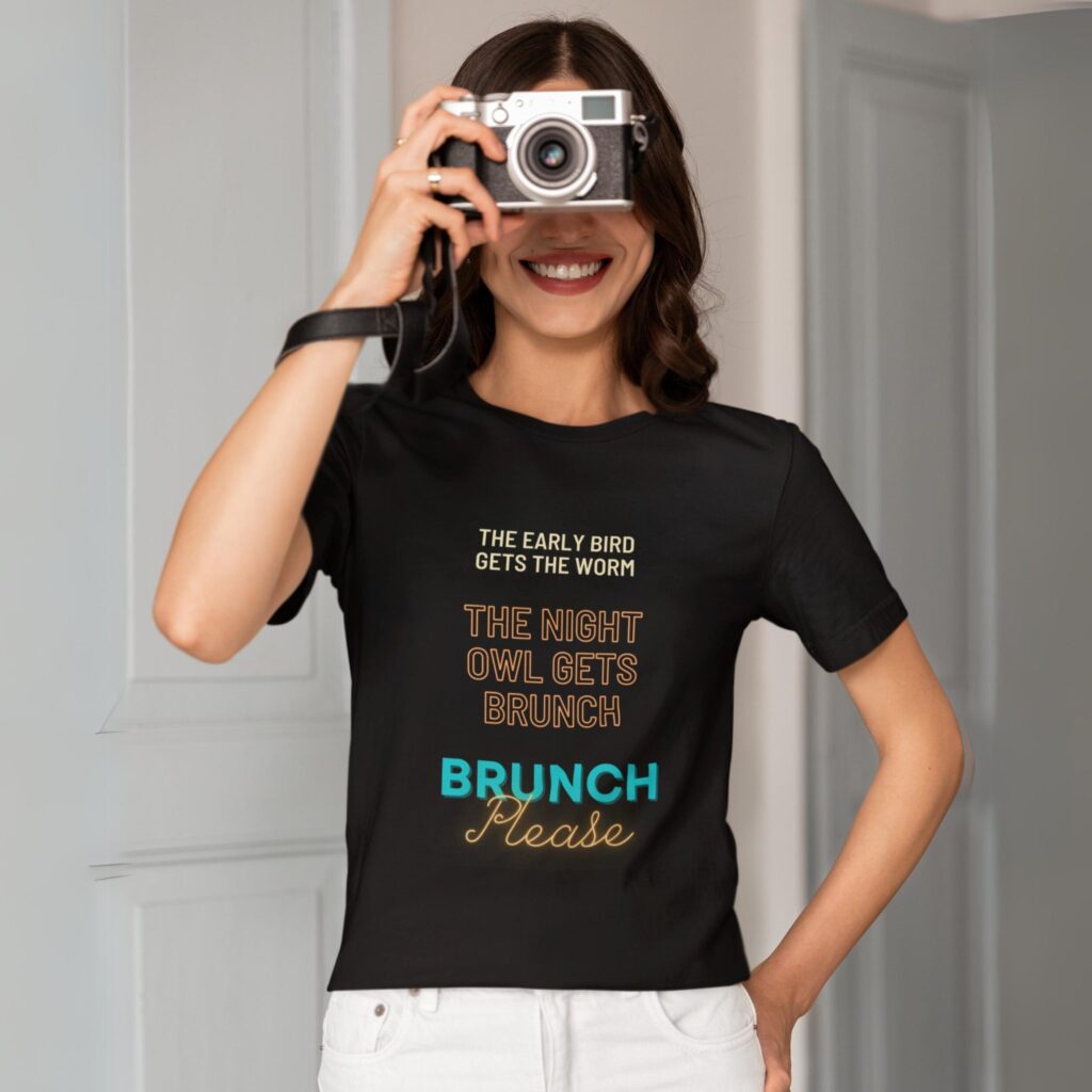 Brunch Please t-shirt worn by a young woman.