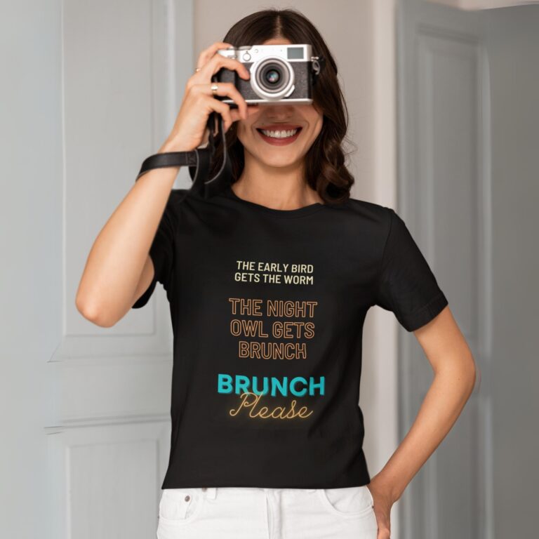 Brunch Please t-shirt worn by a young woman.