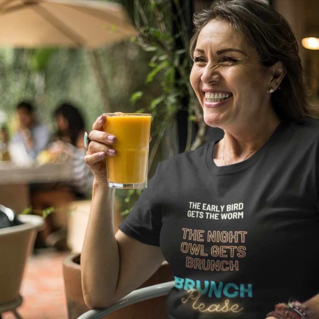 Brunch Please t-shirt worn by a mature woman.