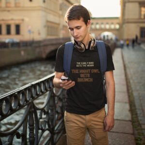 Night Owl Brunch t-shirt worn by a man.