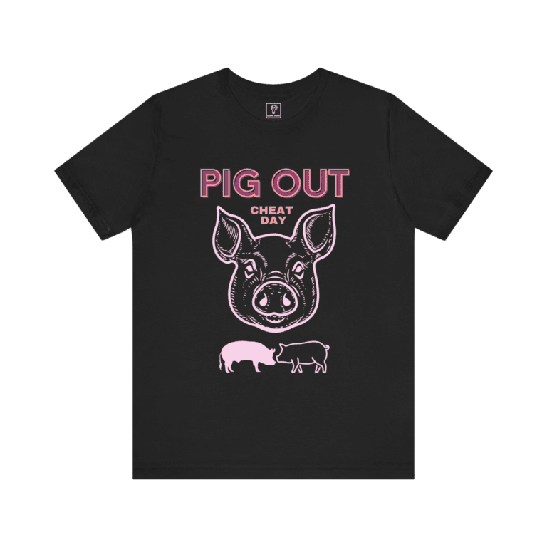 Pig Out Cheat Day t-shirt, black color, front view.