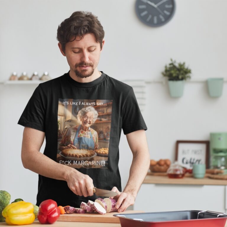 Granny's Margarine t-shirt worn by a man.