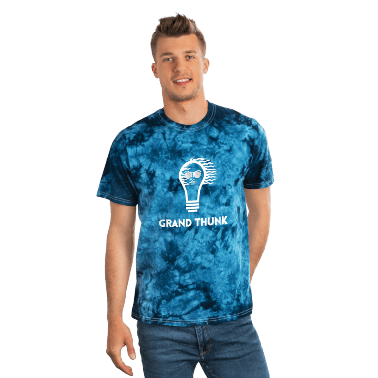 Grand Thunk tie-dye crystal worn by a man.