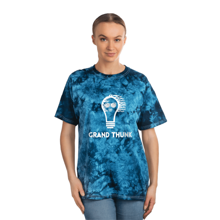 Grand Thunk tie-dye crystal worn by a woman.