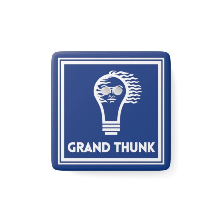 Blue Grand Thunk refrigerator magnet, front view.