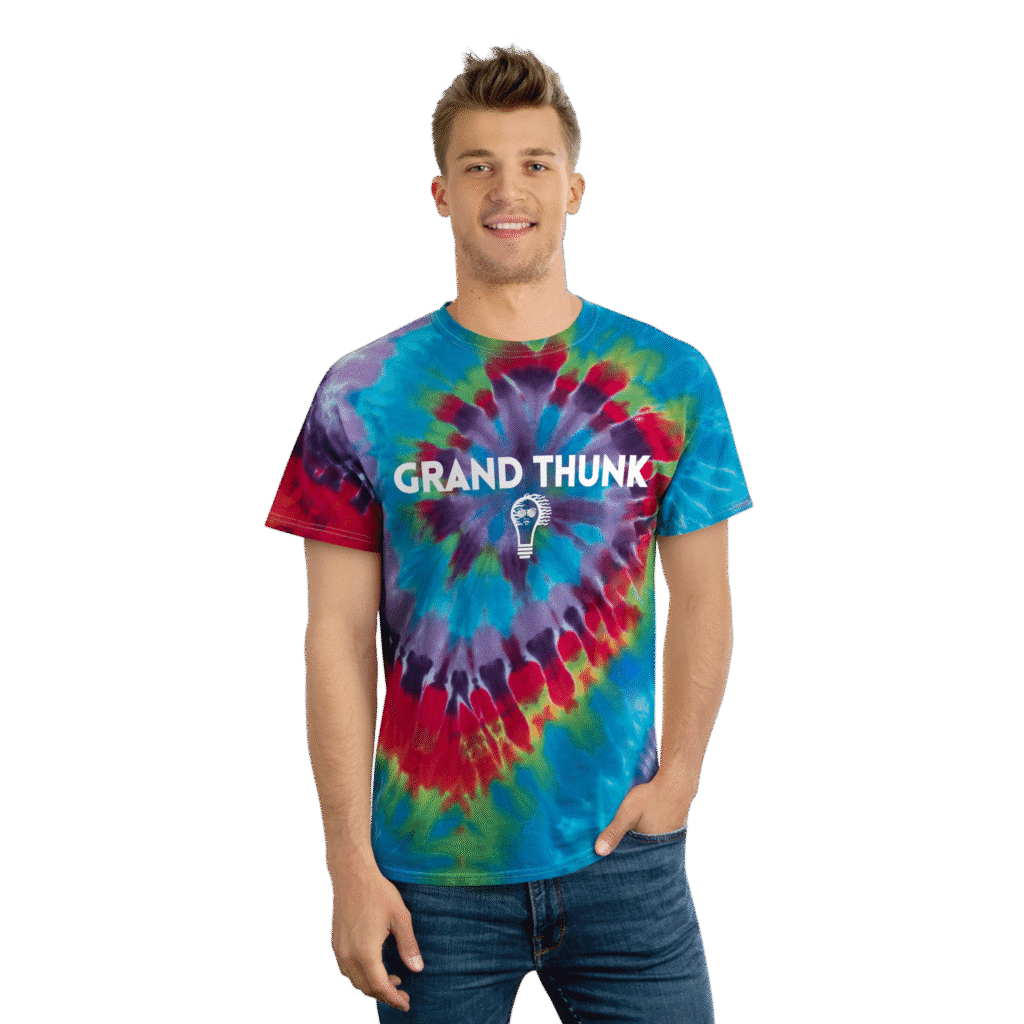 Grand Thunk tie-dye spiral worn by a man.