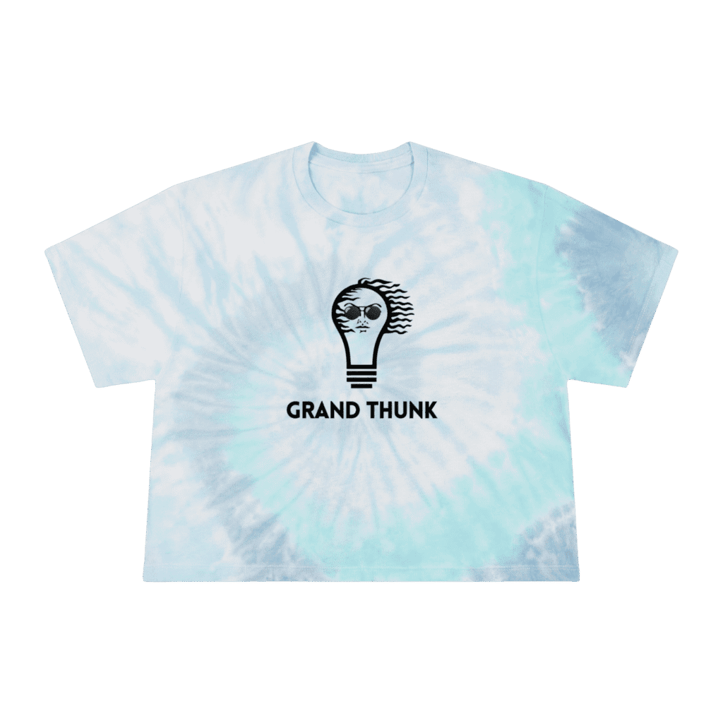 Grand Thunk tie dye spiral crop, front view.