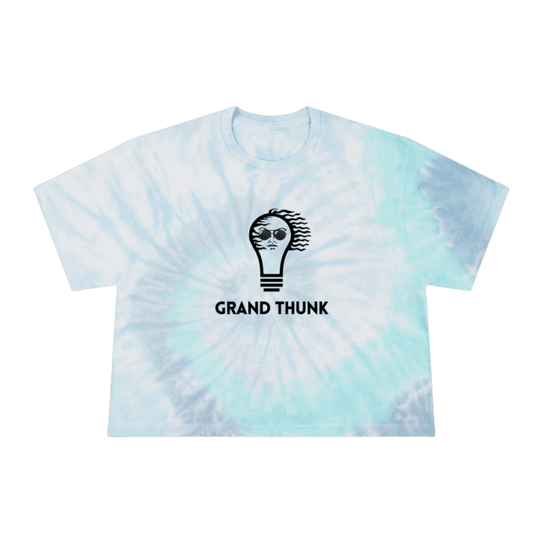 Grand Thunk tie dye spiral crop, front view.