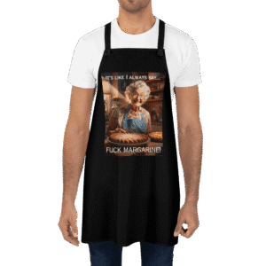 Granny's Margarine UNCENSORED apron worn by a man.