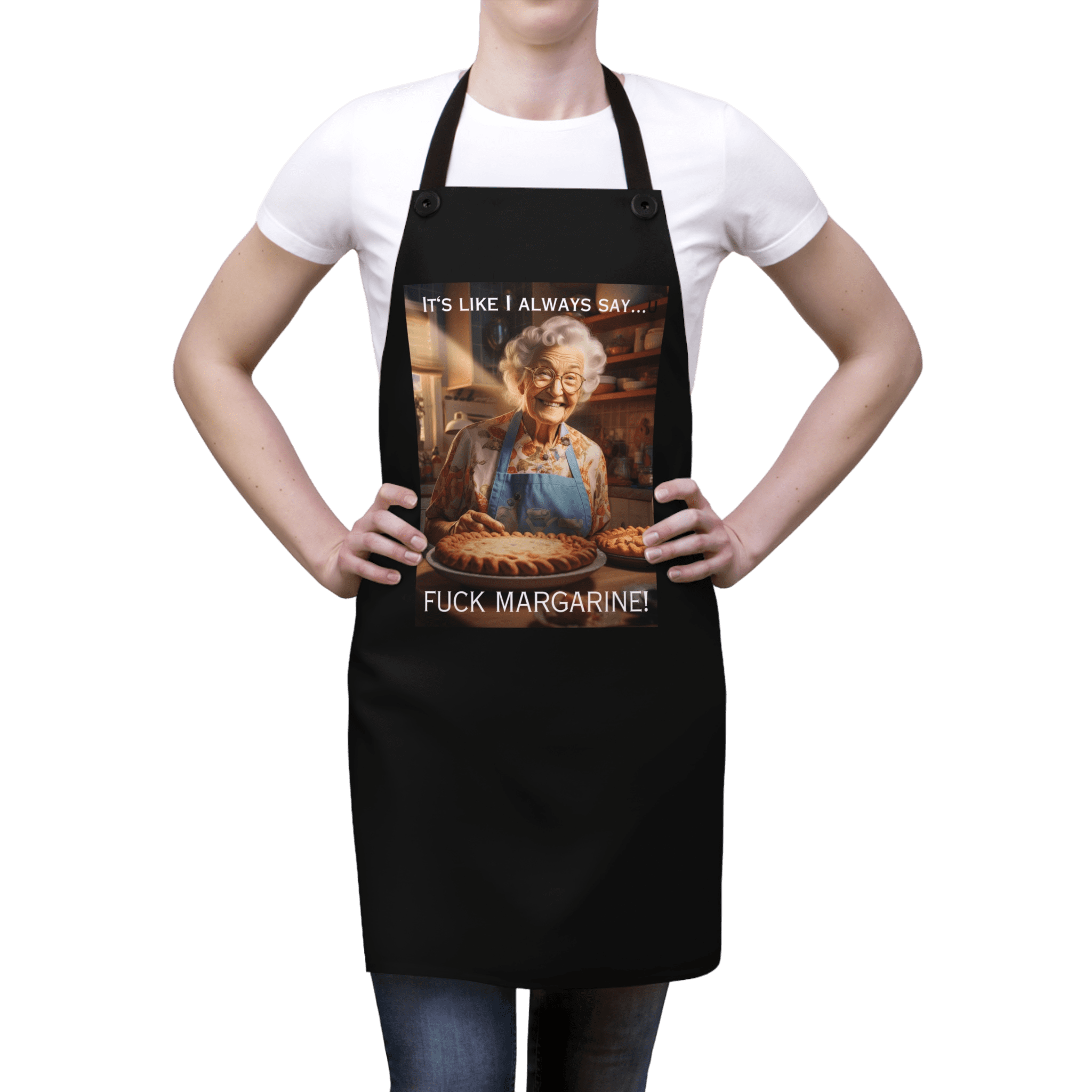 Granny's Margarine UNCENSORED apron worn by a woman.