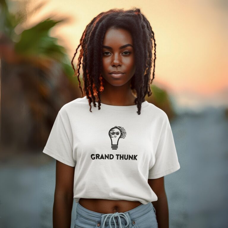 Grand Thunk white crop top t-shirt worn by a woman.