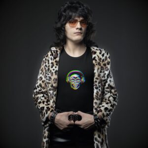 Monkeyhead black t-shirt worn by a man rock musician.