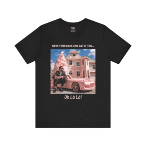 Have Your Cake black t-shirt, front view.