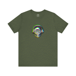 Monkeyhead t-shirt, military green color, front view.