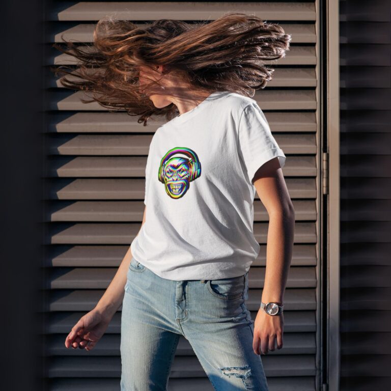 Monkeyhead t-shirt worn by a woman.