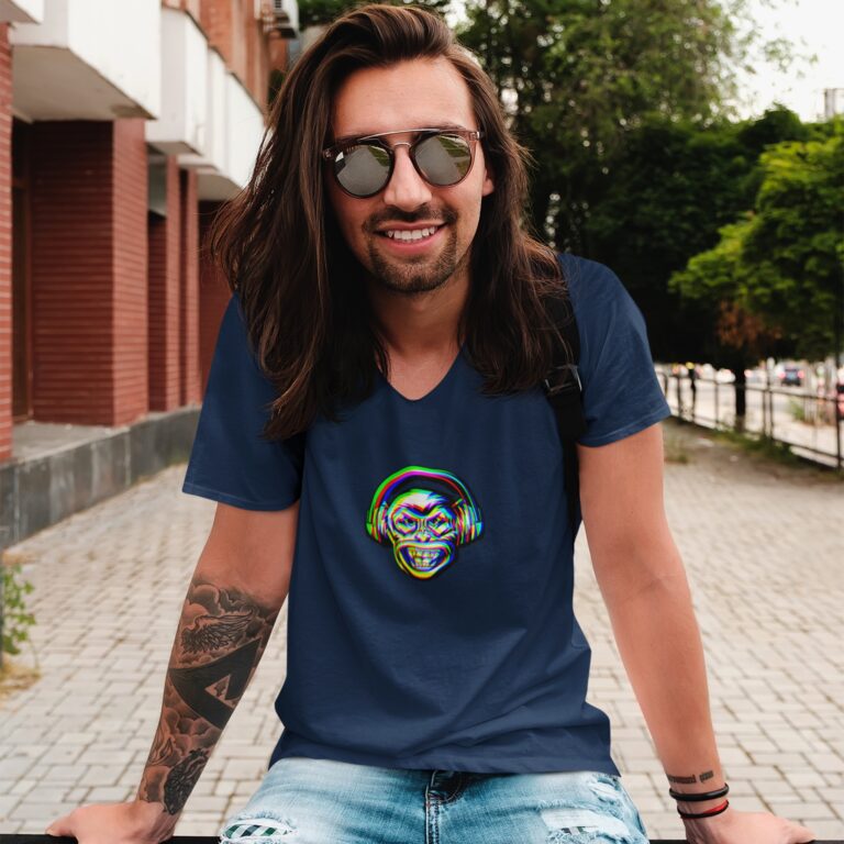 Monkeyhead navy blue v-neck t-shirt worn by a man.