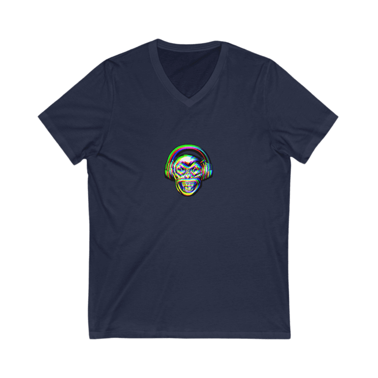 Monkeyhead navy blue v-neck t-shirt, front view.