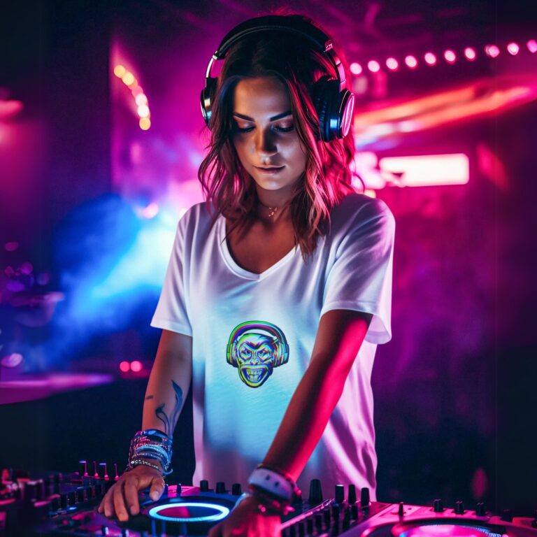 Monkeyhead white v-neck t-shirt worn by a woman DJ.