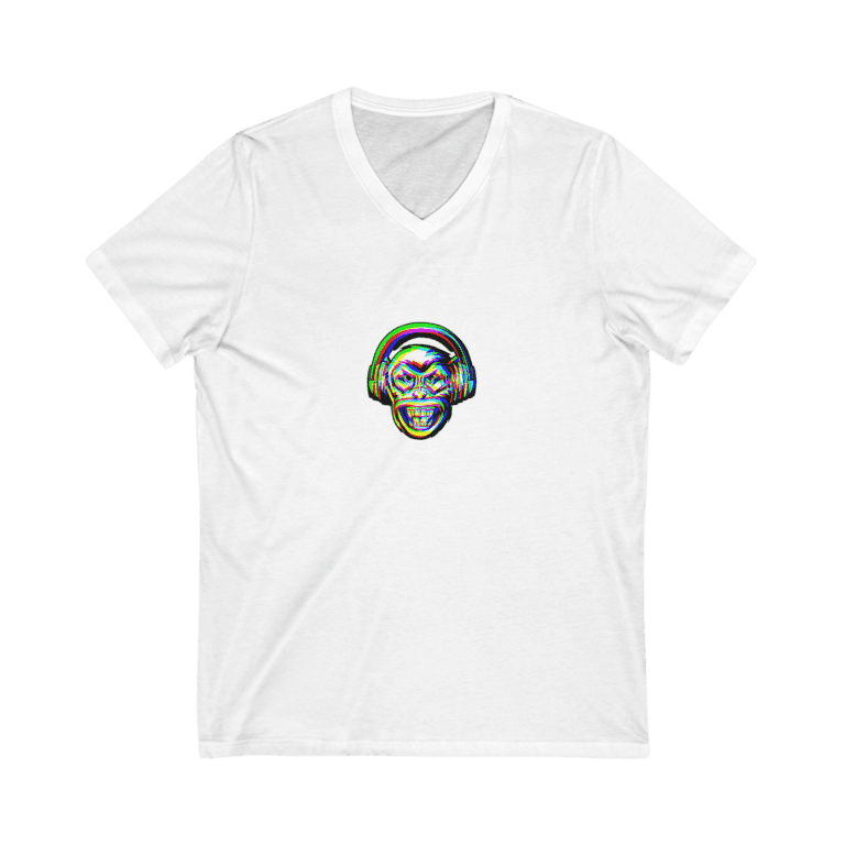 Monkeyhead white v-neck t-shirt, front view.