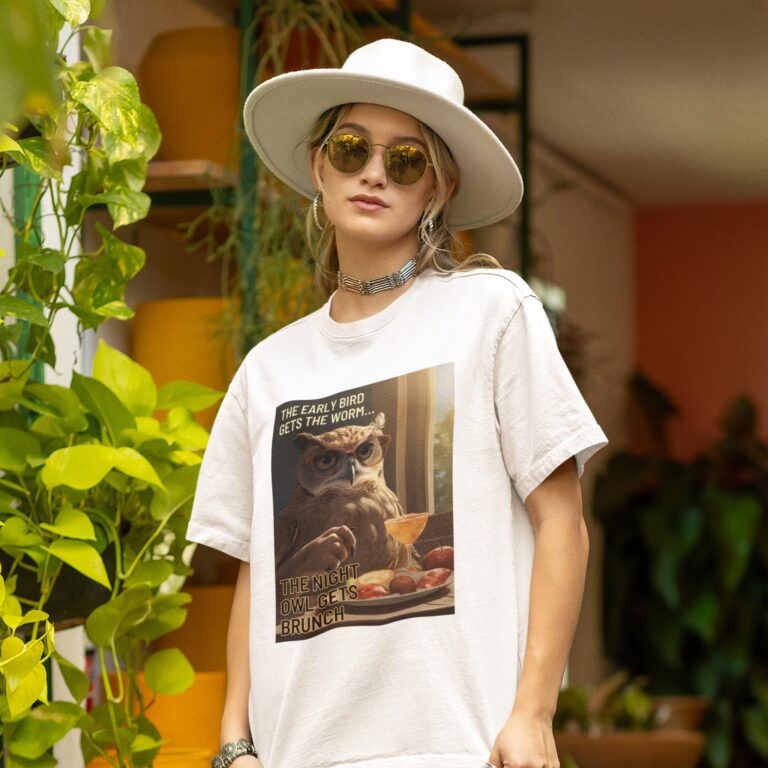 Night Owl t-shirt worn by a woman.