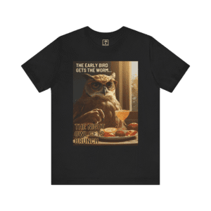 Night Owl t-shirt, black color, front view.