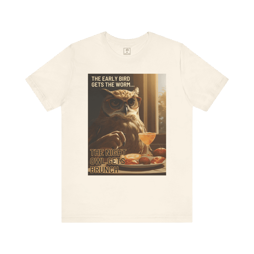 Night Owl t-shirt, natural color, front view.