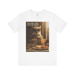 Night Owl t-shirt, white color, front view.