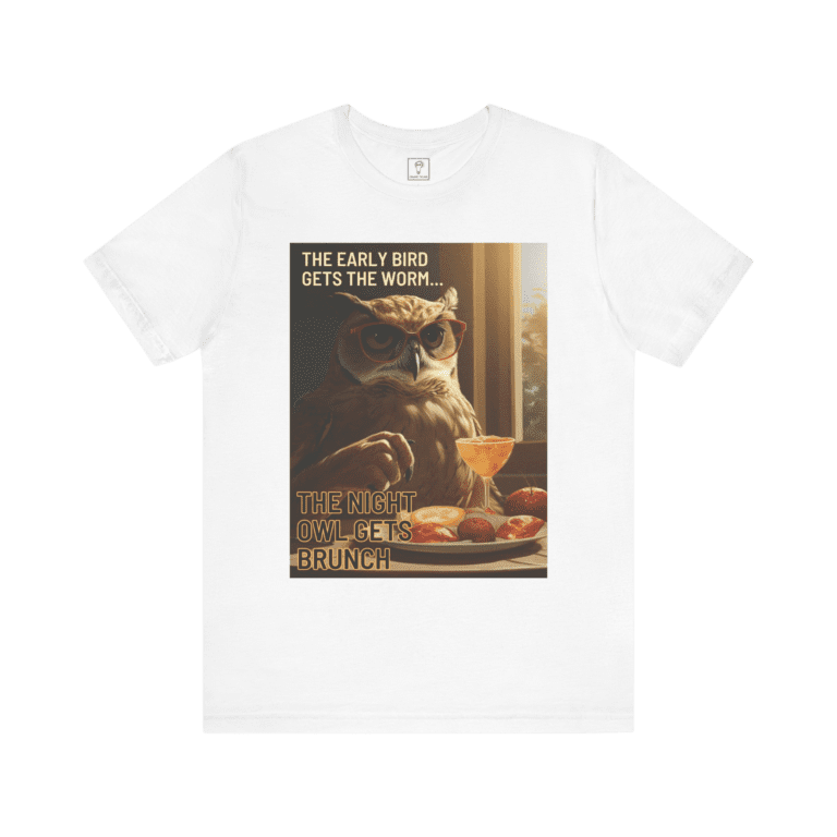 Night Owl t-shirt, white color, front view.