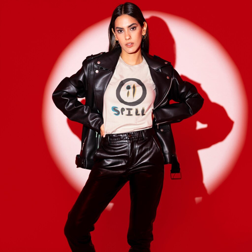 Oil Spill t-shirt worn by a woman.