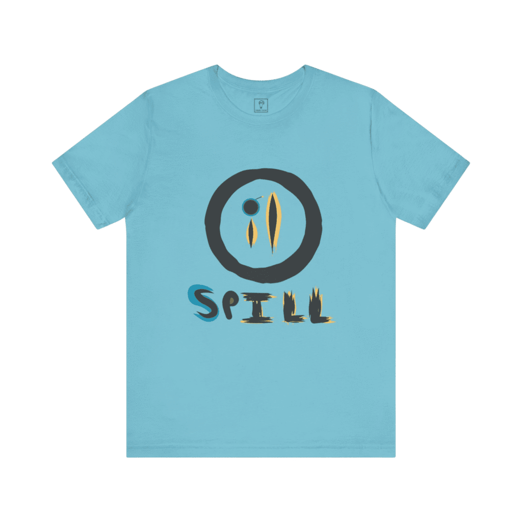 Oil Spill t-shirt, turquoise color, front view.