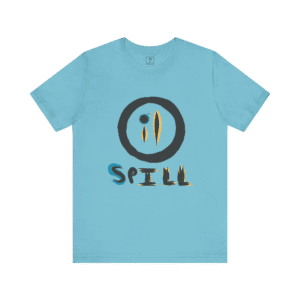 Oil Spill t-shirt, turquoise color, front view.