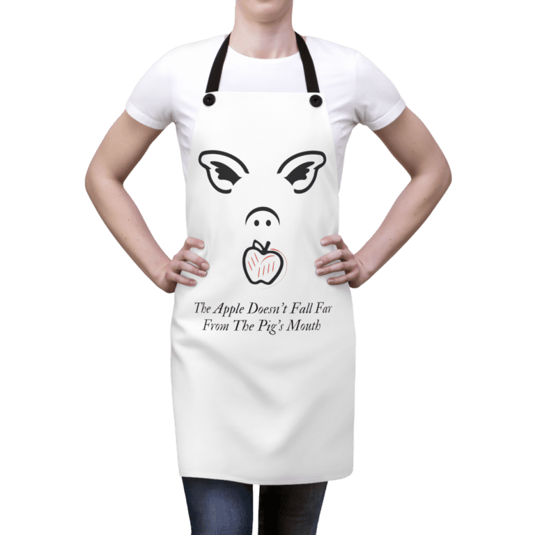 Pig Apple apron worn by a woman.