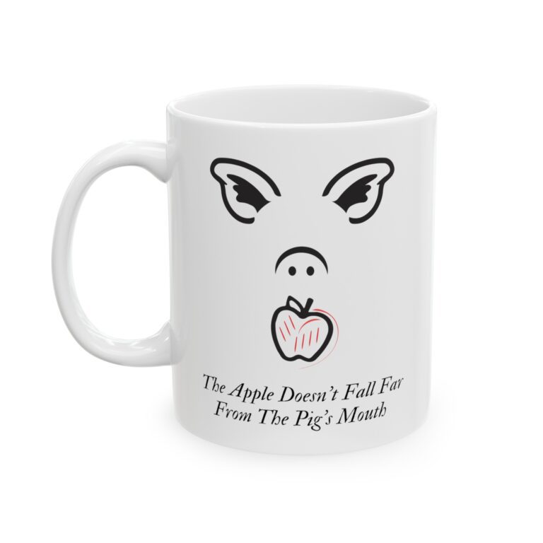 Pig Apple 11oz ceramic mug, left side.