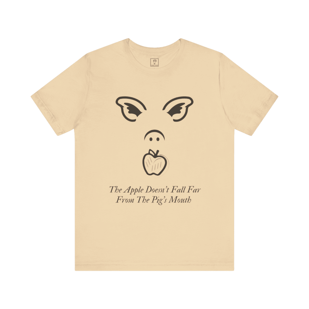 Pig Apple t-shirt, soft cream color, front view.
