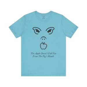 Pig Apple t-shirt, turquoise color, front view.