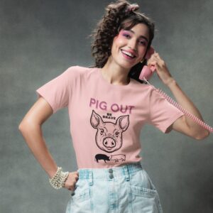 Pig Out Be Brave t-shirt worn by a woman.