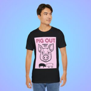 Pig Out Cheat Day Pink t-shirt worn by a man.