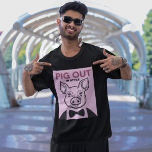 Pig Out In Style Pink t-shirt worn by a man.
